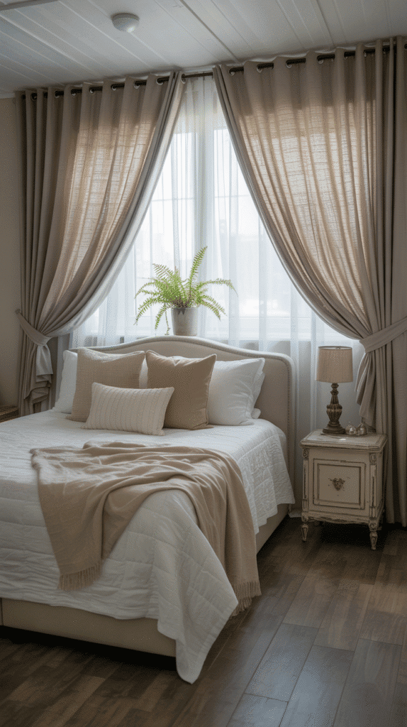 Mobile home bedroom ideas with layered curtains and window treatments that create luxury and make windows appear larger