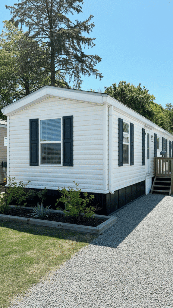 Stunning white mobile home with black trim demonstrating timeless mobile home exterior paint colors ideas for classic appeal