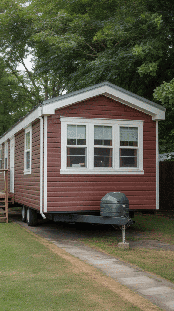 Bold burgundy red mobile home exterior paint colors ideas with white trim for dramatic farmhouse style curb appeal