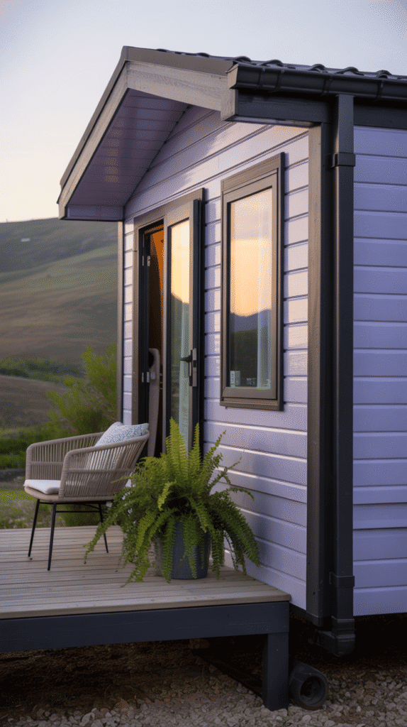Unique soft lavender mobile home exterior paint colors ideas with gray accents for calming spa inspired curb appeal