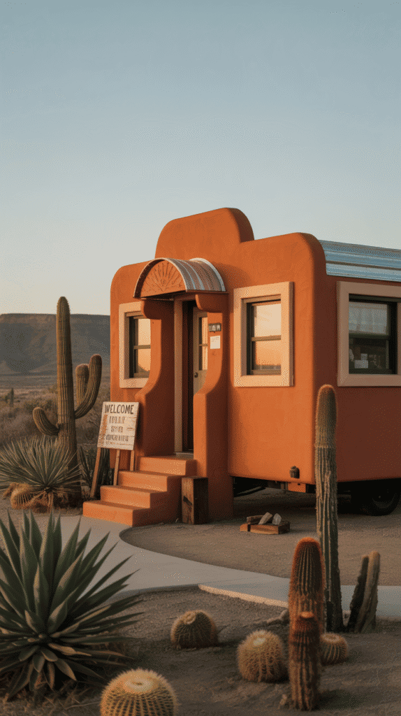 Warm terracotta orange mobile home exterior paint colors ideas with cream trim for Southwestern inspired curb appeal design