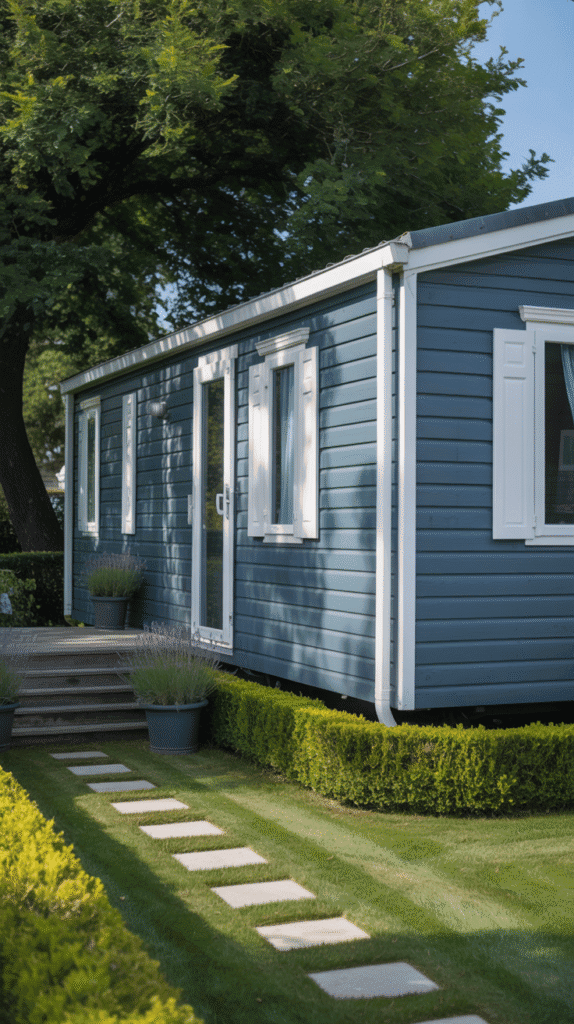 Sophisticated slate blue mobile home exterior paint colors ideas with white trim for versatile modern curb appeal