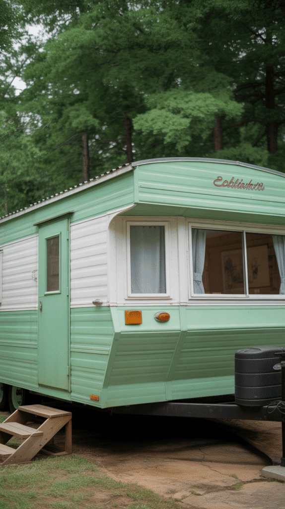 Fresh mint green mobile home exterior paint colors ideas with white details for vintage inspired retro curb appeal
