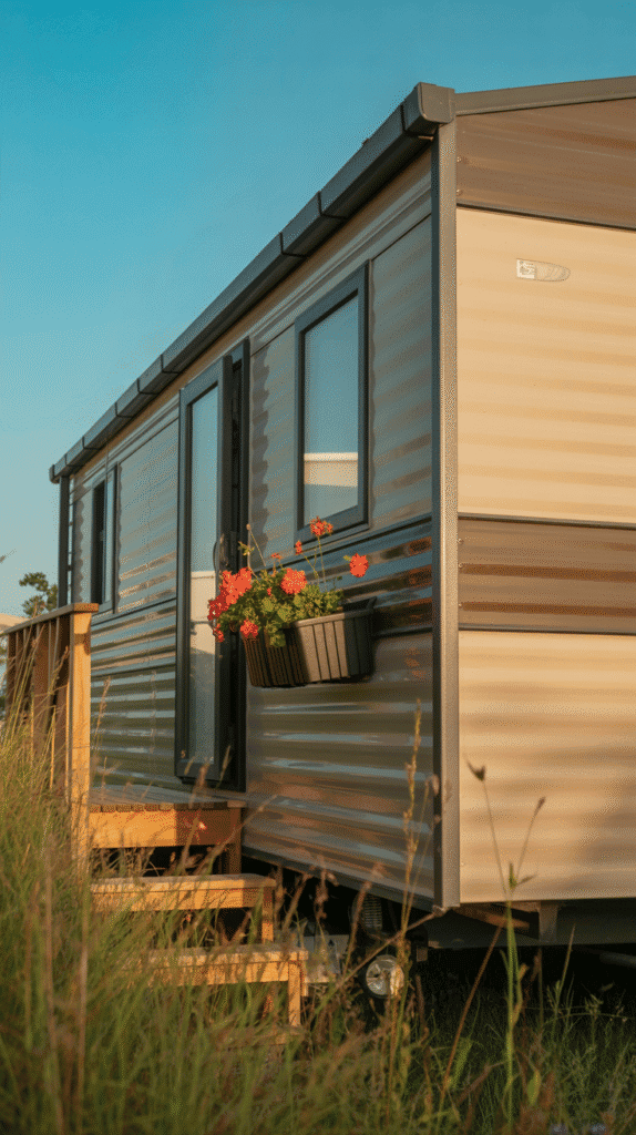 Sophisticated two-tone tan and brown mobile home exterior paint colors ideas for natural earthy curb appeal design