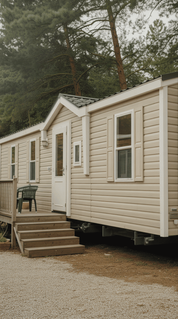 Sophisticated beige and cream mobile home exterior paint colors ideas showcasing warm neutral tones for elegant curb appeal