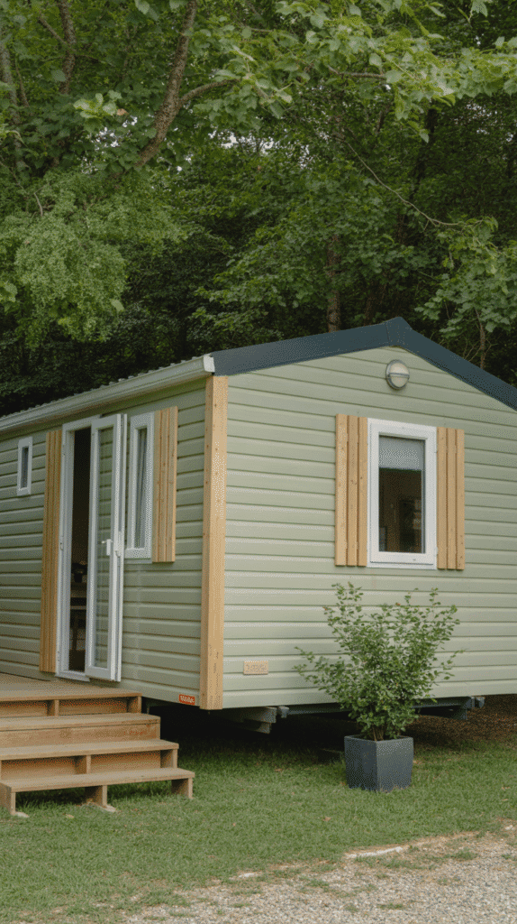 Sage green mobile home with wood accents showcasing natural mobile home exterior paint colors ideas for organic appeal