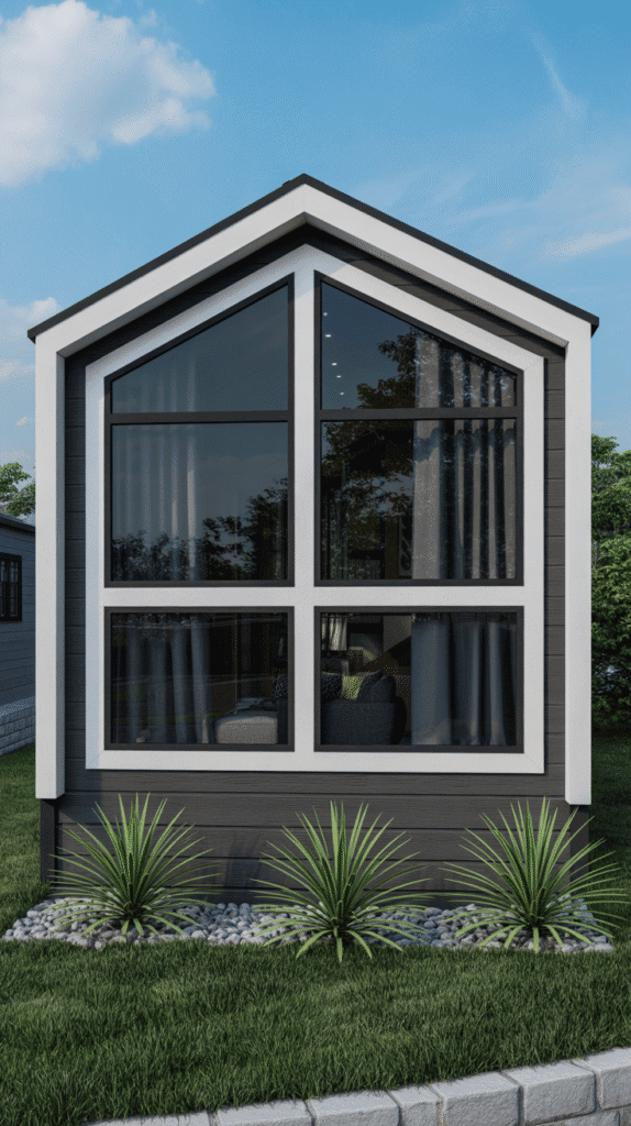 Bold charcoal gray mobile home exterior paint colors ideas with white trim creating dramatic modern curb appeal contrast