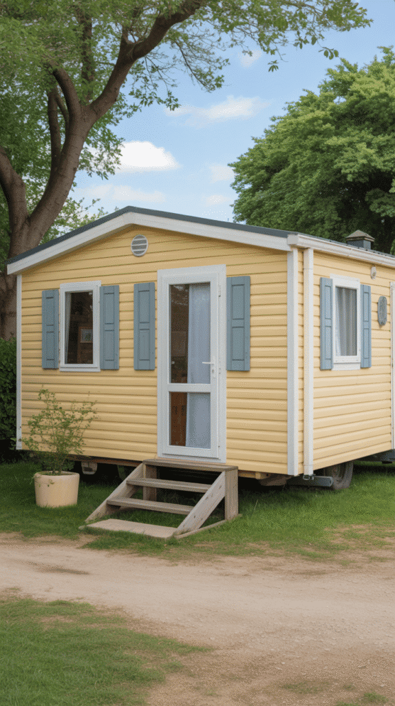Cheerful yellow mobile home exterior paint colors ideas with white details for warm and inviting curb appeal