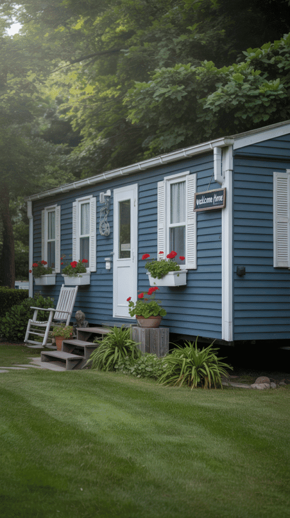 Classic navy blue mobile home exterior paint colors ideas with white trim for timeless nautical inspired curb appeal