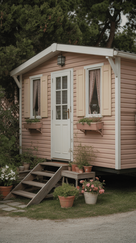Romantic dusty rose mobile home exterior paint colors ideas with cream trim creating charming cottage style curb appeal