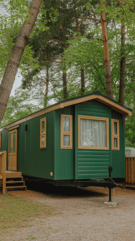 Rich forest green mobile home exterior paint colors ideas with tan accents for natural luxury curb appeal design