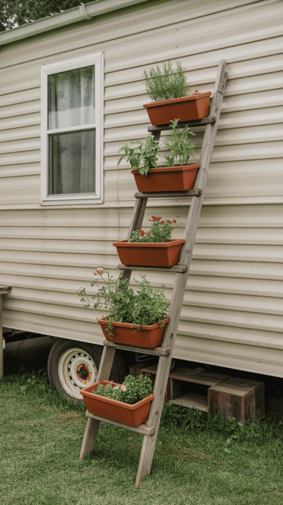 Vertical ladder garden showing innovative mobile home garden ideas using repurposed wooden ladder with multiple plant containers