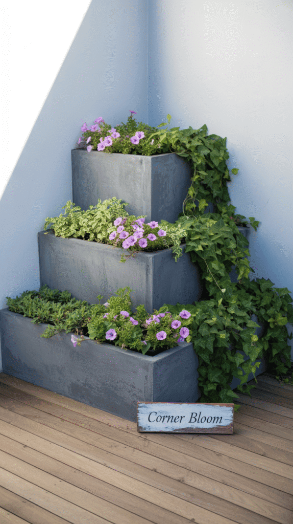 Corner pyramid garden featuring triangular mobile home garden ideas that maximize awkward corner spaces with vertical planting
