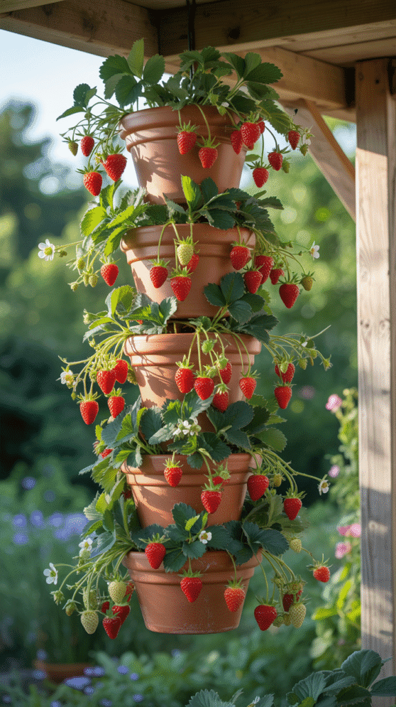 Ceiling-hung strawberry planters showing suspended mobile home garden ideas for growing fresh berries in hanging towers