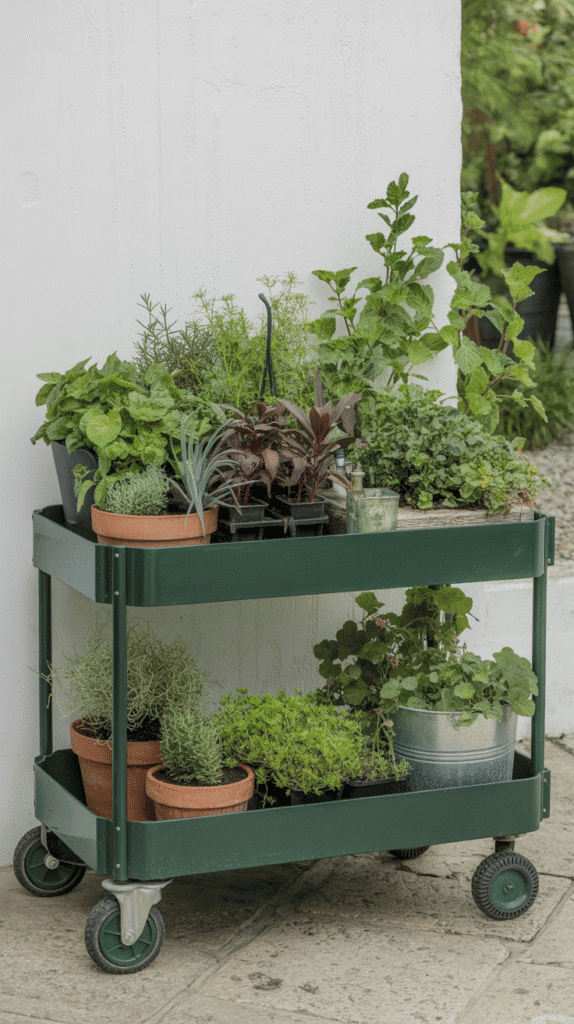 Rolling garden cart demonstrating moveable mobile home garden ideas with wheeled planters that follow the sun