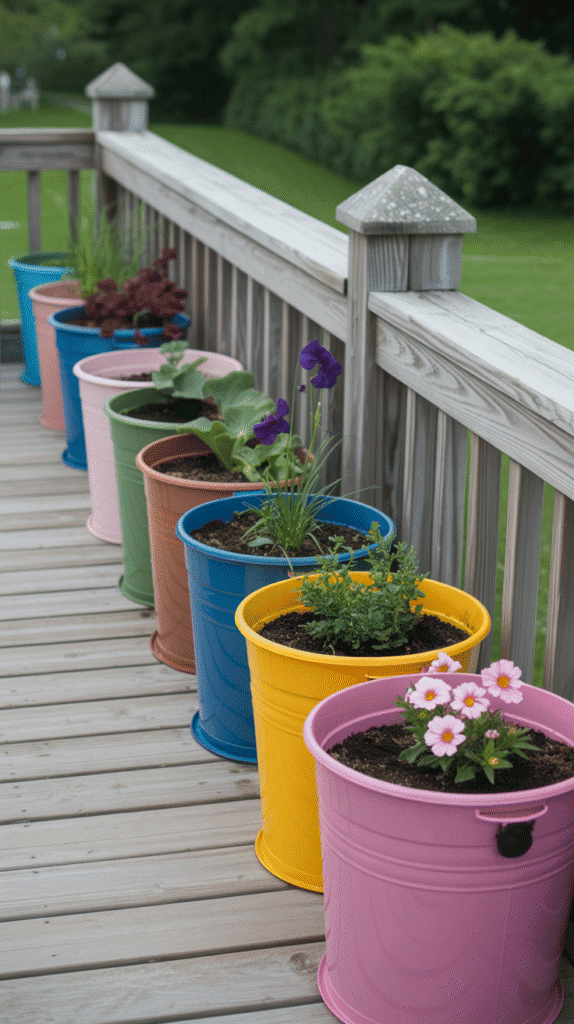 Bucket brigade gardens showing organized mobile home garden ideas using colorful containers for systematic plant growing