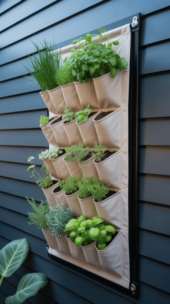 Living wall pocket garden featuring high-density mobile home garden ideas with vertical fabric planters for maximum growing space