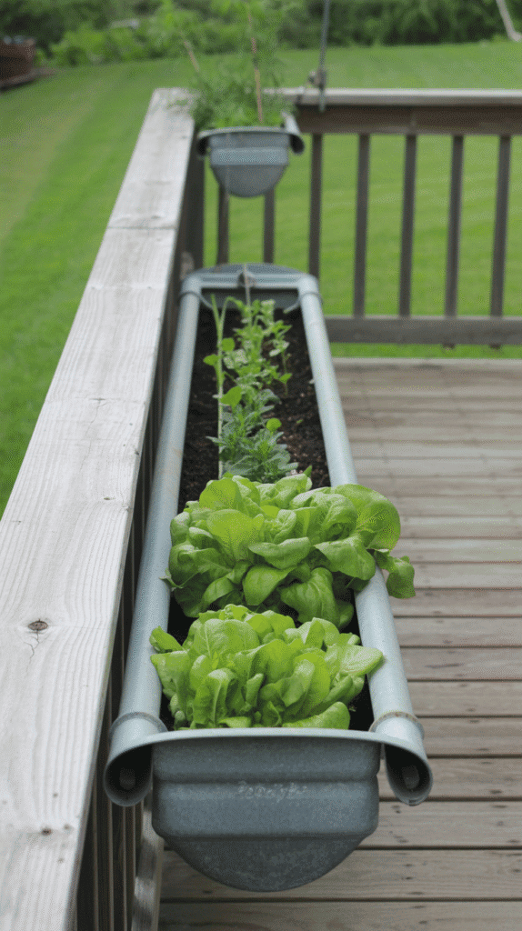Hanging gutter planters demonstrating creative mobile home garden ideas for growing lettuce and herbs in small spaces