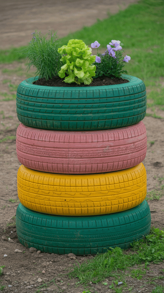 Colorful tire tower garden showcasing space-saving mobile home garden ideas with stacked painted tires and thriving plants