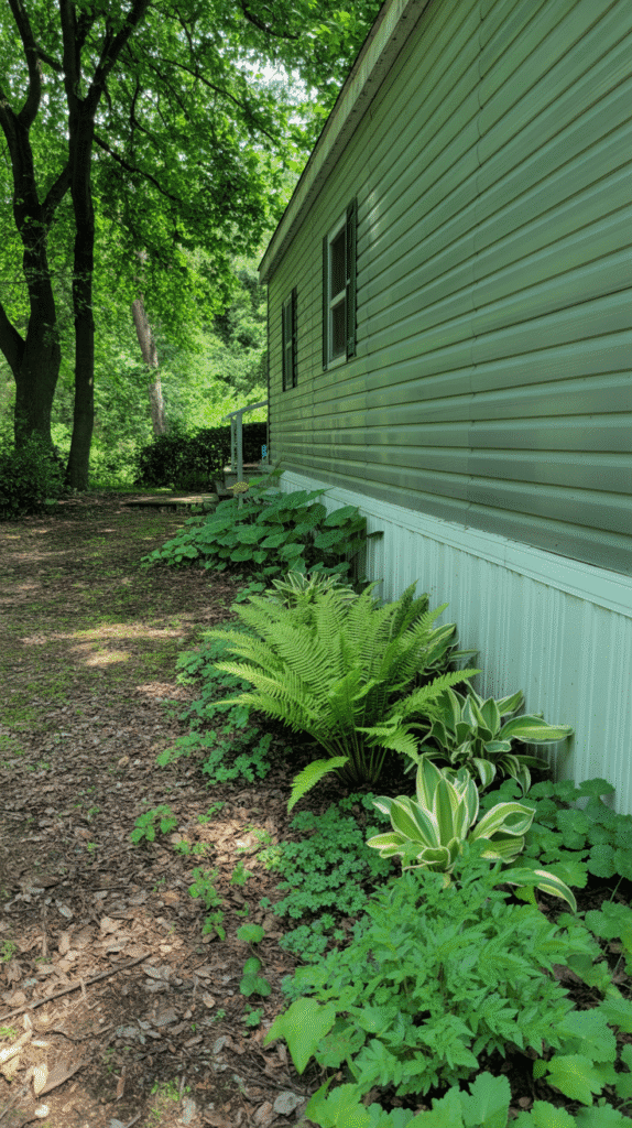 Under-skirting shade garden featuring mobile home garden ideas perfect for low-light areas with hostas and ferns