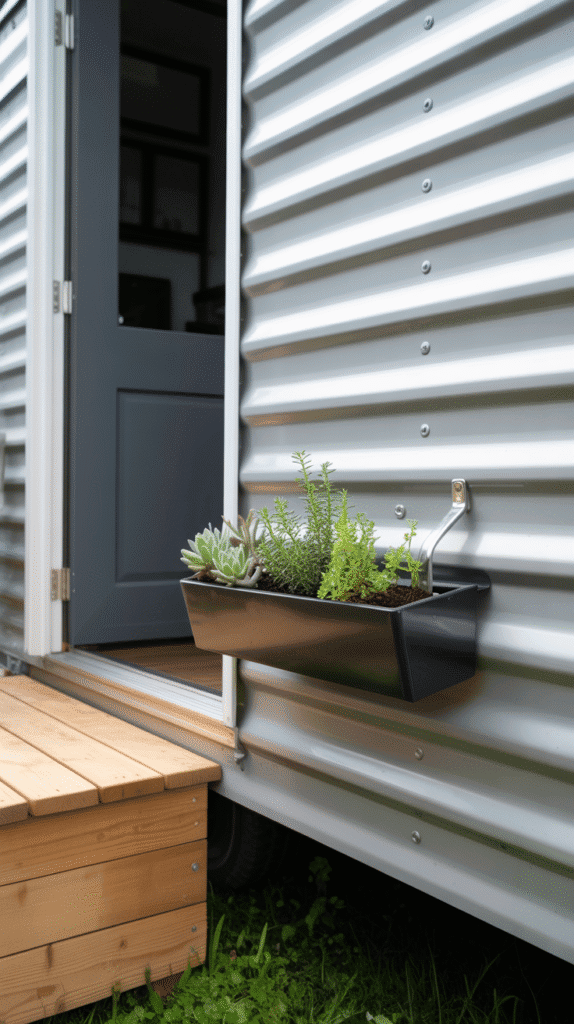 Magnetic container gardens showing convenient mobile home garden ideas with planters attached to metal skirting for easy access