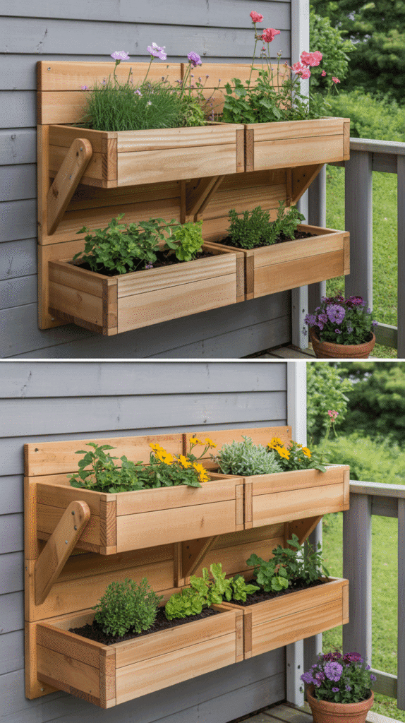 Fold-down deck planters illustrating space-saving mobile home garden ideas with hinged planters that maximize deck functionality