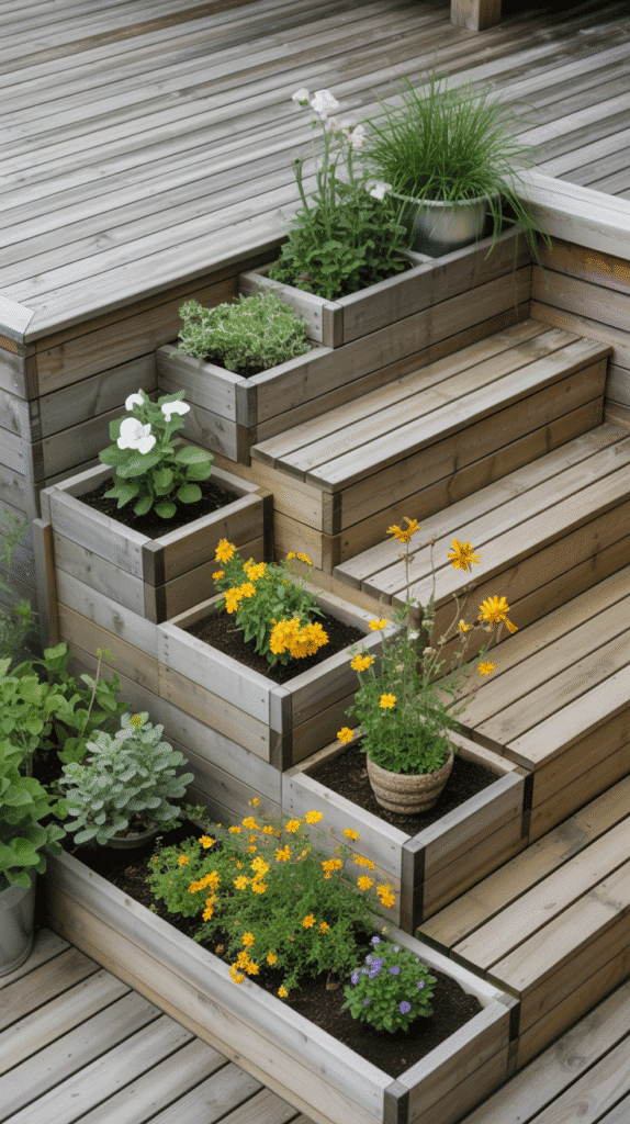 Stairs-integrated planters showcasing mobile home garden ideas that transform deck steps into living garden architecture