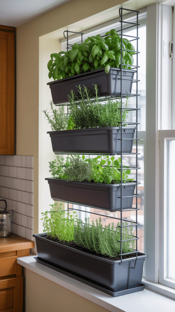 Window box herb spiral garden demonstrating vertical mobile home garden ideas for growing multiple herbs in compact spaces