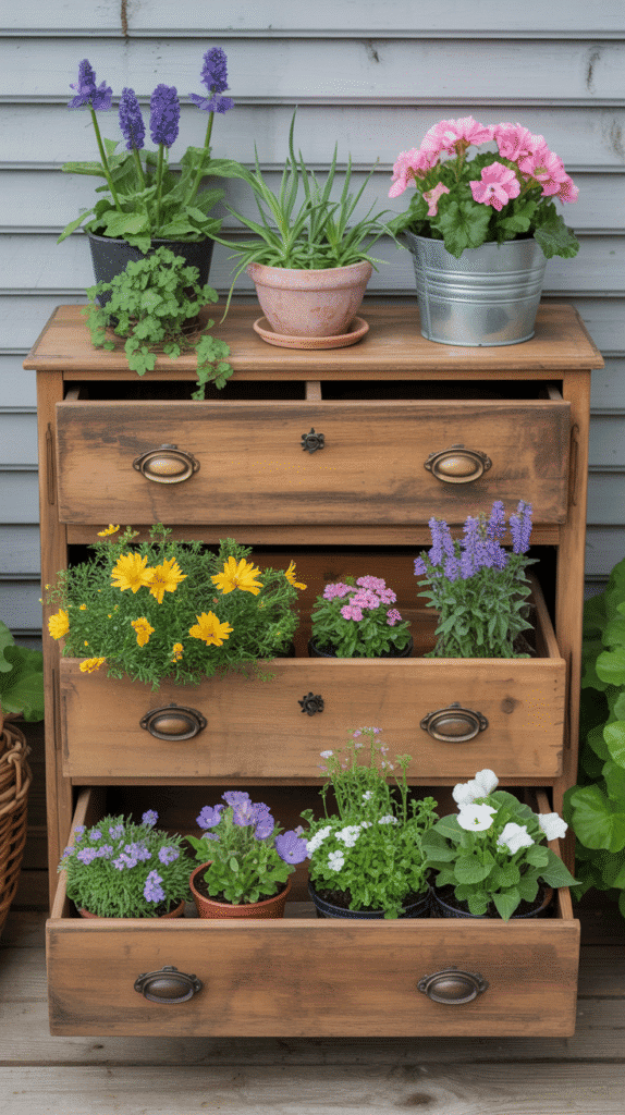 Repurposed furniture garden showing creative mobile home garden ideas using old dresser as unique multi-level planter