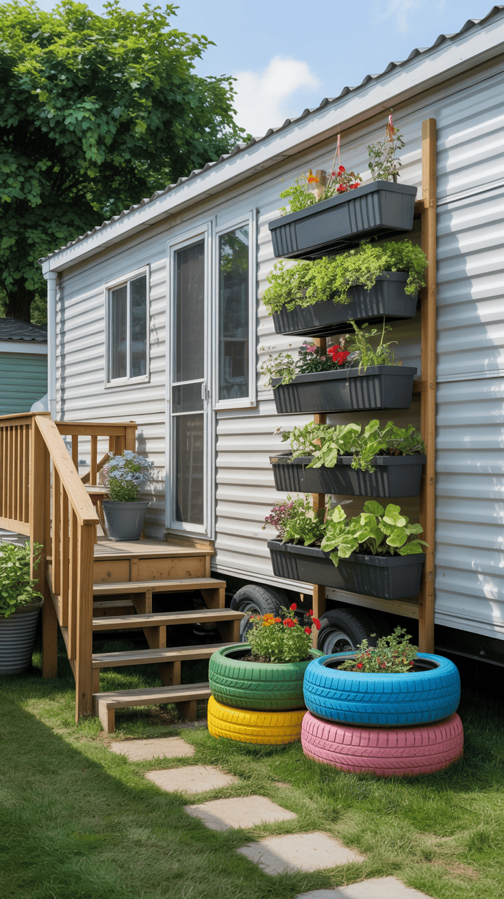 Creative mobile home garden ideas showcasing multiple small-space gardening solutions including vertical and container gardens