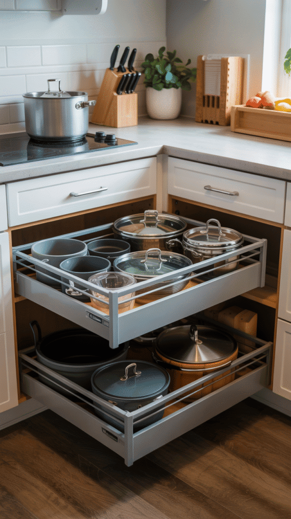Pull-out drawer storage system demonstrating mobile home kitchen ideas for maximizing cabinet organization