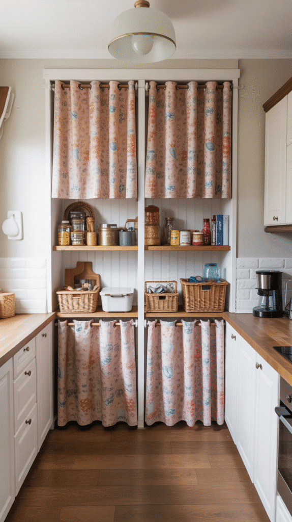 Cabinet curtains replacing doors showing budget-friendly mobile home kitchen ideas for accessible storage