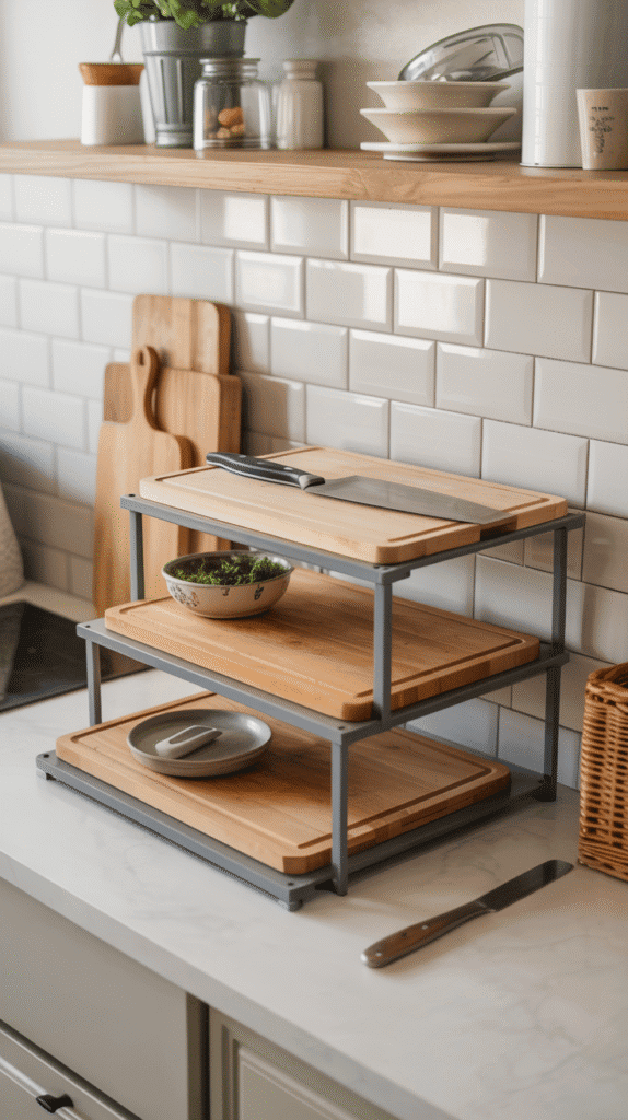 Multi-level counter organization with risers demonstrating mobile home kitchen ideas for maximizing workspace