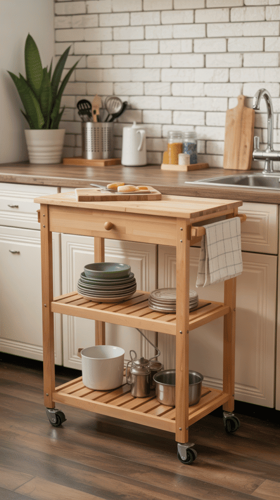 Rolling kitchen island cart showing practical mobile home kitchen ideas for adding counter space and storage