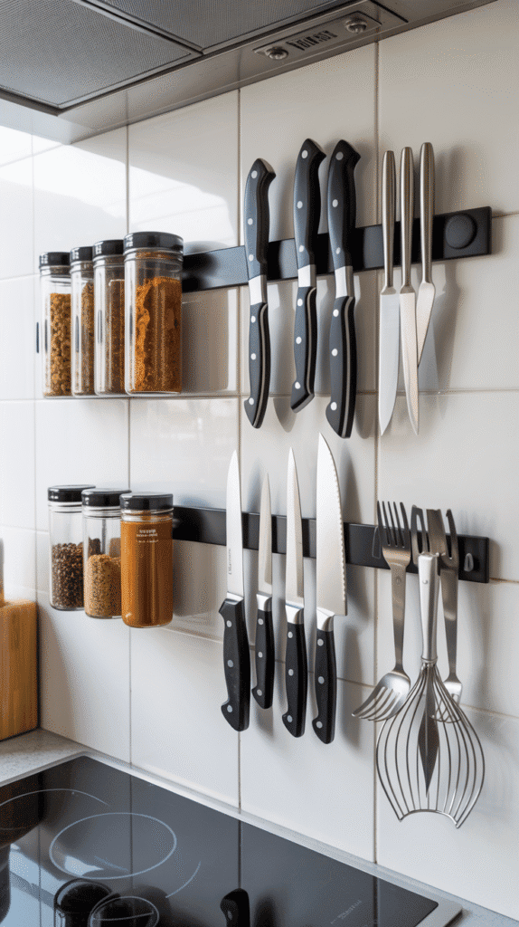 Magnetic strip storage system displaying efficient mobile home kitchen ideas for wall-mounted organization