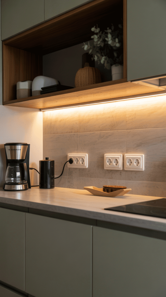 Under-cabinet lighting with outlets showcasing mobile home kitchen ideas for improved functionality and convenience