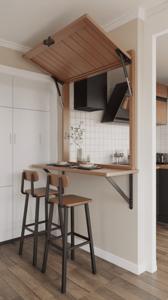 Fold-down breakfast bar demonstrating space-saving mobile home kitchen ideas for dining solutions