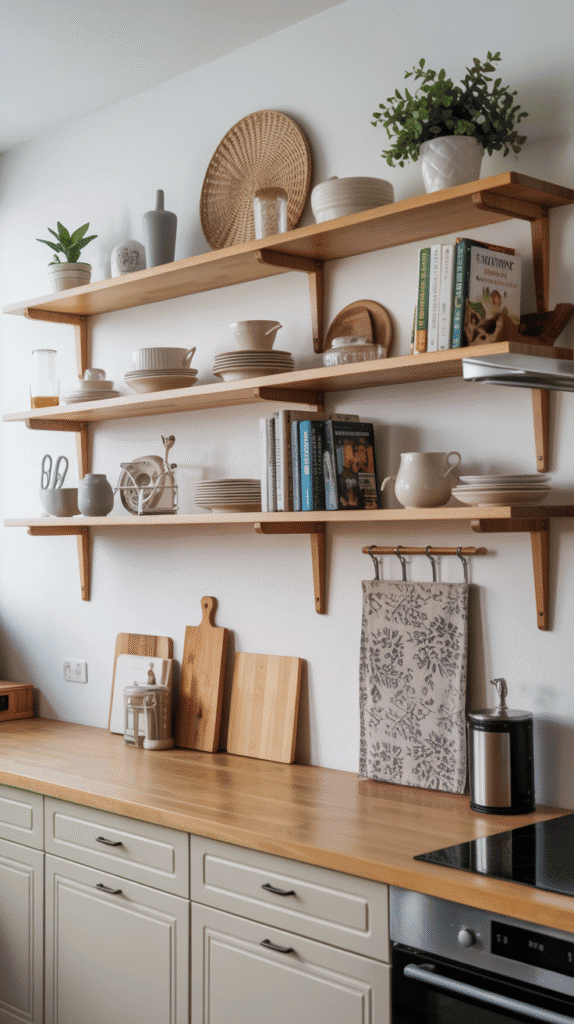 Open floating shelves displaying practical mobile home kitchen ideas for vertical storage and organization