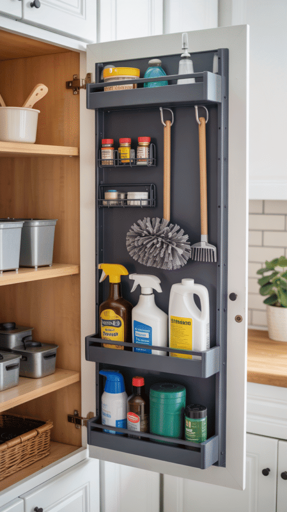 Cabinet door storage organizers showing clever mobile home kitchen ideas for utilizing hidden spaces
