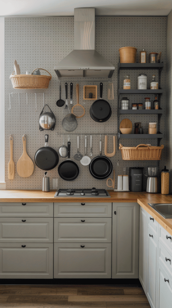 Pegboard wall organization system featuring versatile mobile home kitchen ideas for utensil storage