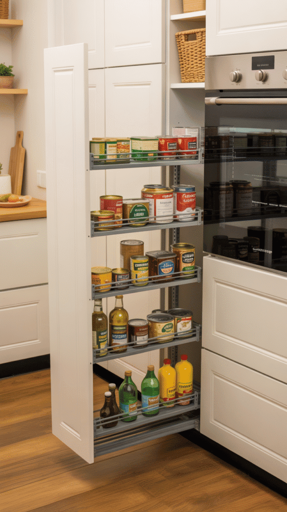 Sliding pantry shelves between appliances demonstrating mobile home kitchen ideas for narrow space utilization