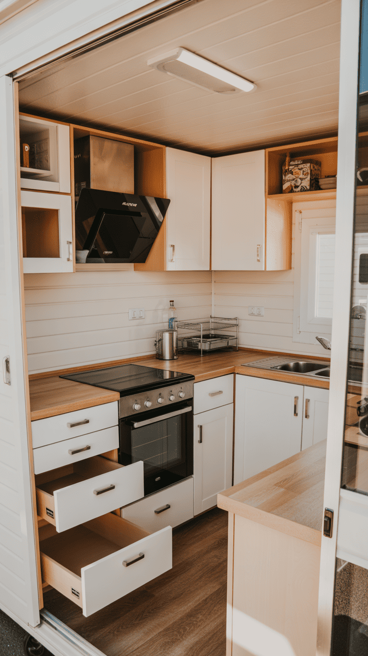 Bright and organized mobile home kitchen ideas showcasing space-saving storage solutions and modern design elements
