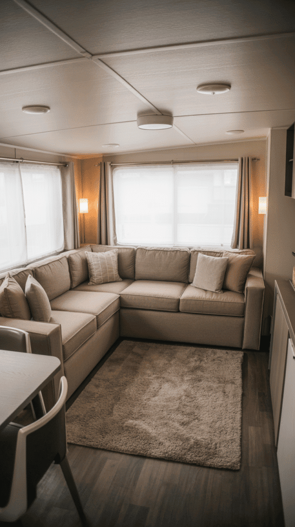 A modern sectional sofa in a small mobile home living room, placed in the corner with neutral cushions and a cozy rug, separating living and dining areas.