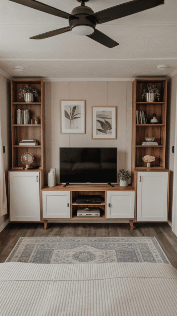 Tall bookcases flanking a media console, styled to mimic a built-in unit in a small but elegant mobile home living room.