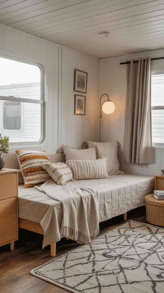 A daybed styled like a couch with layered pillows and a throw blanket in a boho-inspired mobile home living room corner.