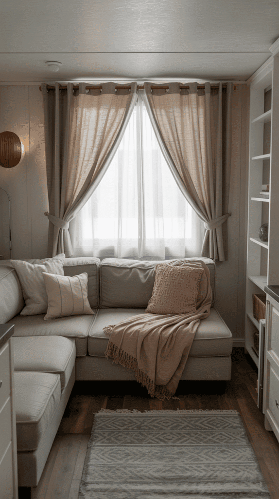 Curtains hung high and wide above a window in a small mobile home living room, paired with a soft rug and light wall colors.
