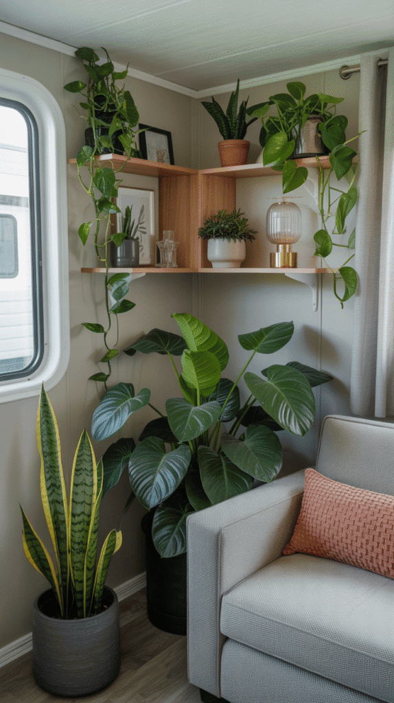 Lush houseplants, including a snake plant and pothos, placed in corners and shelves of a modern mobile home living room.