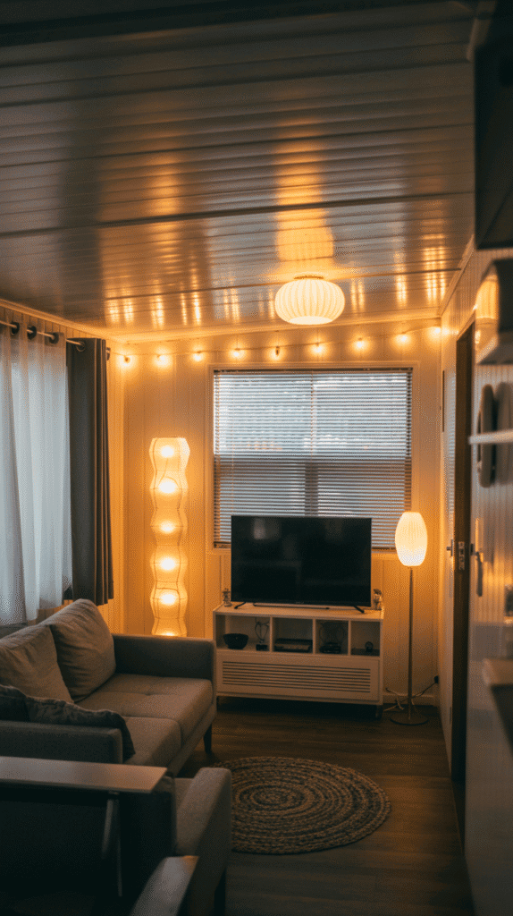 Layered lighting setup in a mobile home living room with floor lamps, a ceiling fixture, and string lights creating a warm ambiance.
