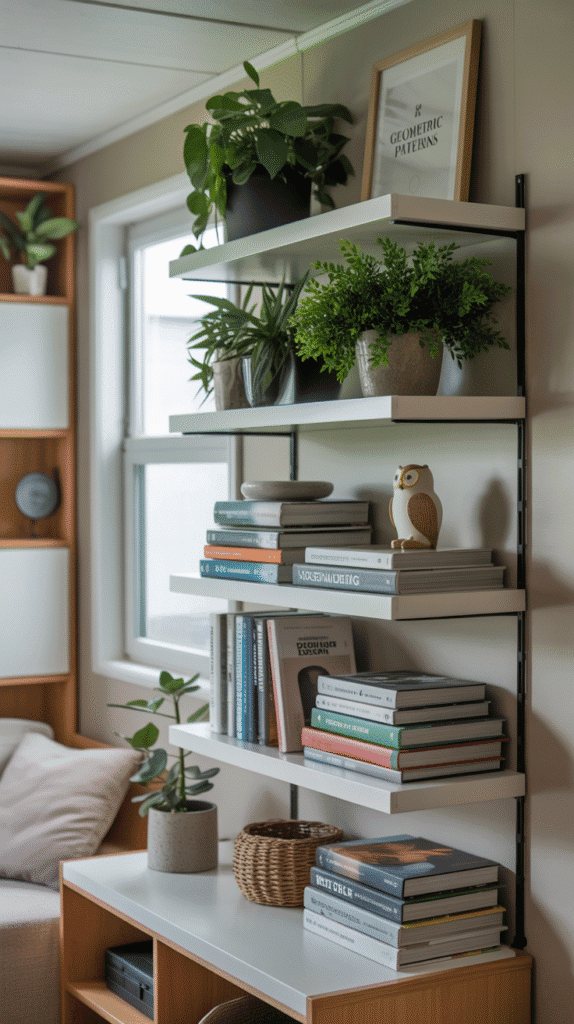 Vertical wall-mounted shelves and floating storage units in a compact mobile home living room, displaying plants, books, and decor.
