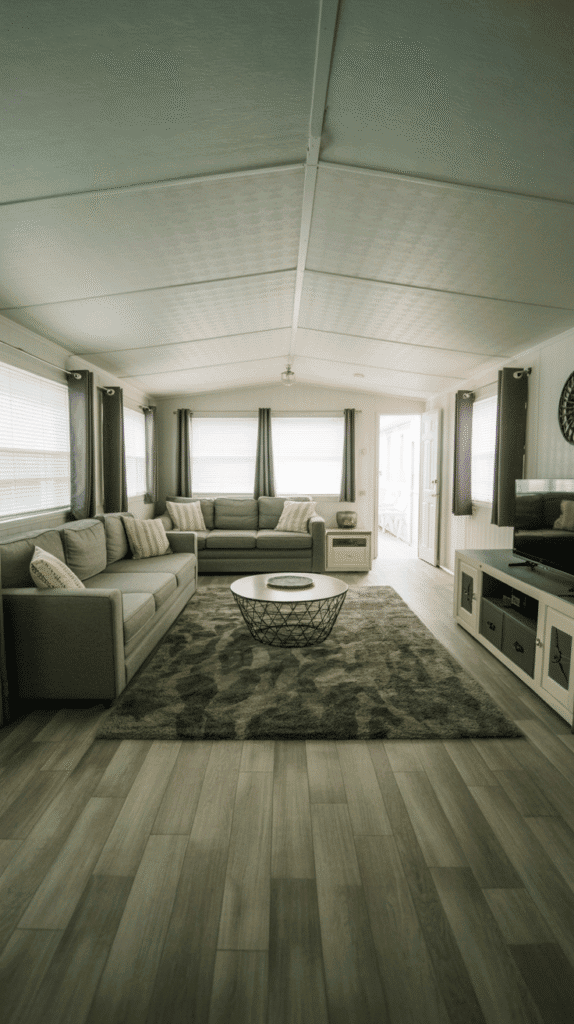 A wide mobile home living room featuring a large area rug anchoring the seating area with a couch and coffee table on top.